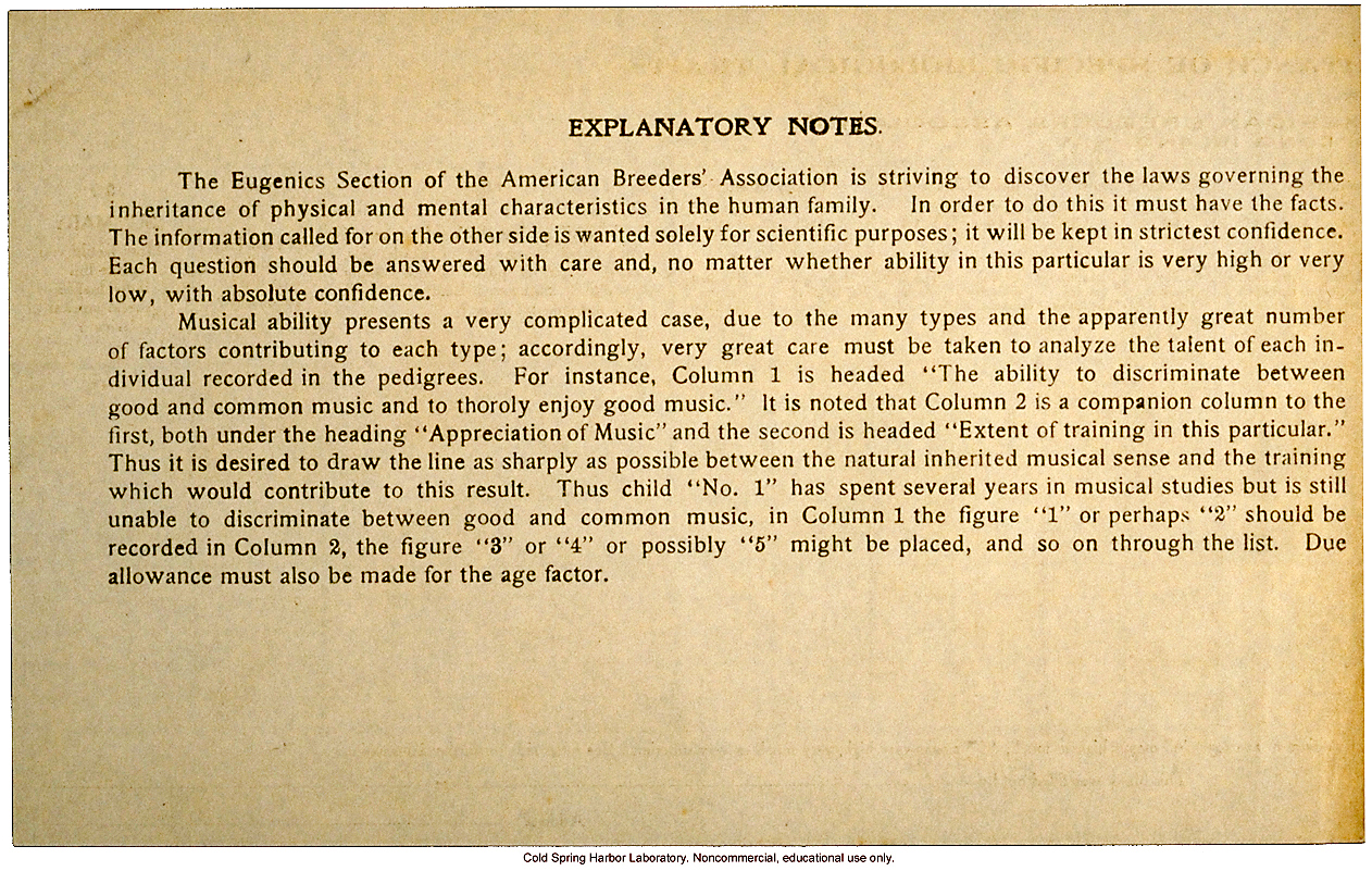 &quote;Inheritance of Musical Talent,&quote; pedigree chart with instructions, Eugenics Section, American Breeders Association