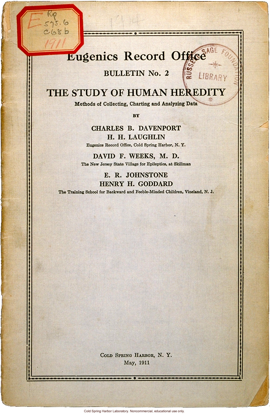 &quote;The Study of Human Heredity,&quote; by Davenport, Laughlin, Weeks, Johnstone, and Goddard, Eugenics Record Office Bulletin No. 2