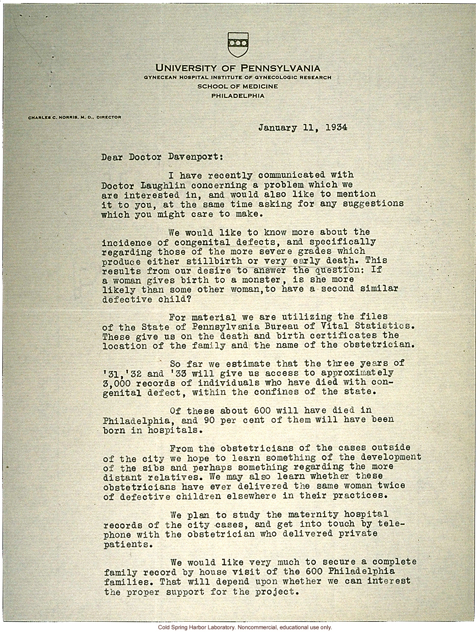 D.P. Murphy letter to C.B. Davenport, about a study of families in which there have been severe congenital defects (1/11/1934)