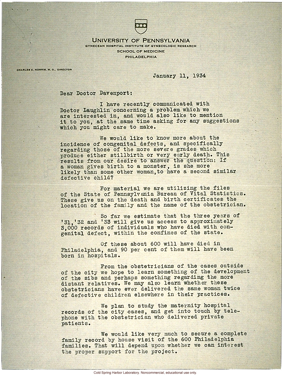 D.P. Murphy letter to C.B. Davenport, about a study of families in which there have been severe congenital defects (1/11/1934)