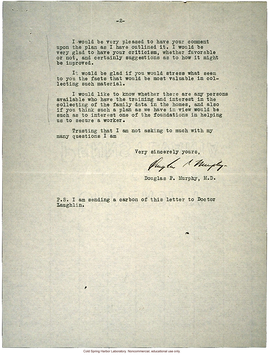 D.P. Murphy letter to C.B. Davenport, about a study of families in which there have been severe congenital defects (1/11/1934)