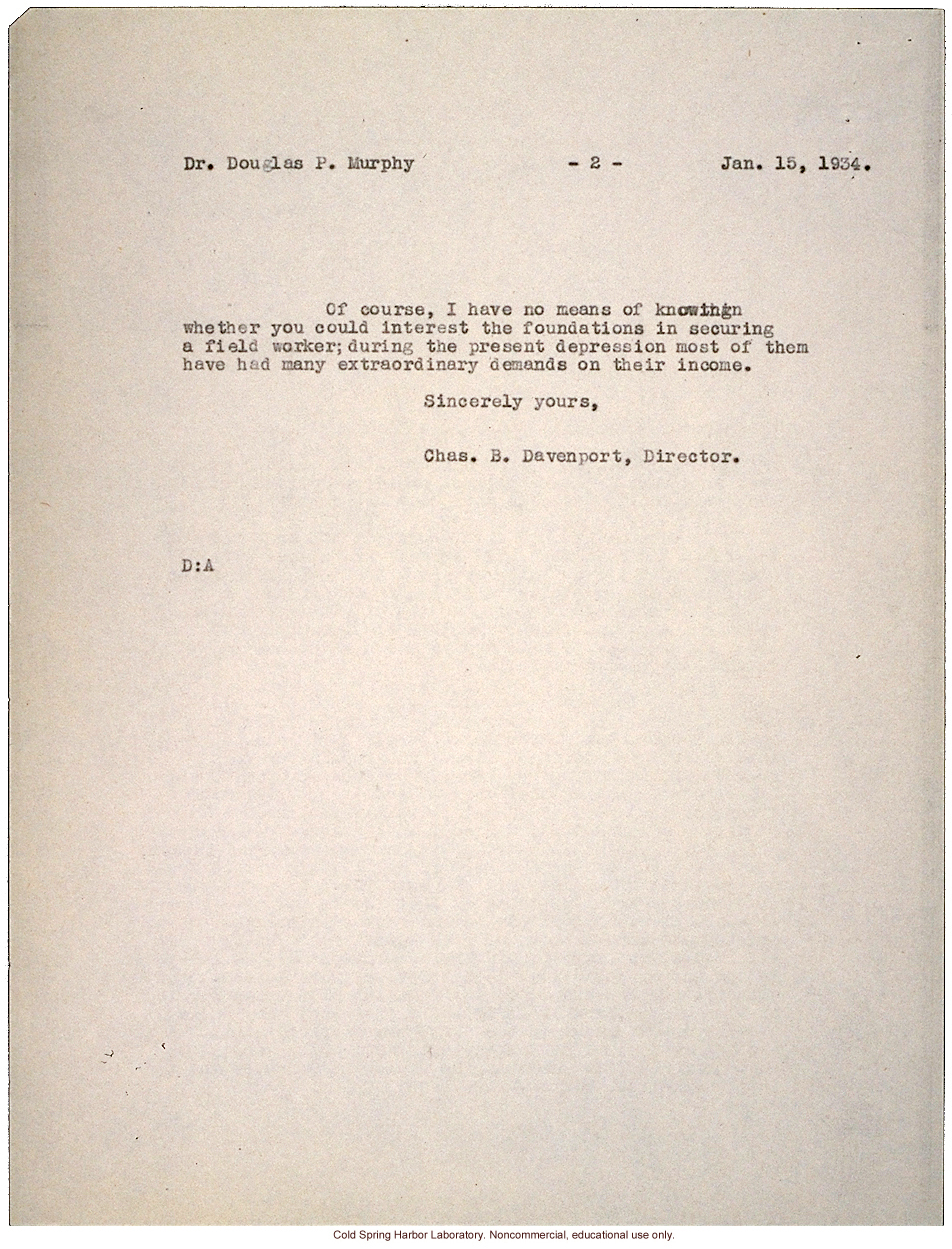 C.B. Davenport response to D.P. Murphy, about a study of congenital &quote;monsters&quote; and using miscarriages as an estimate of embryonic lethals (1/15/1934)