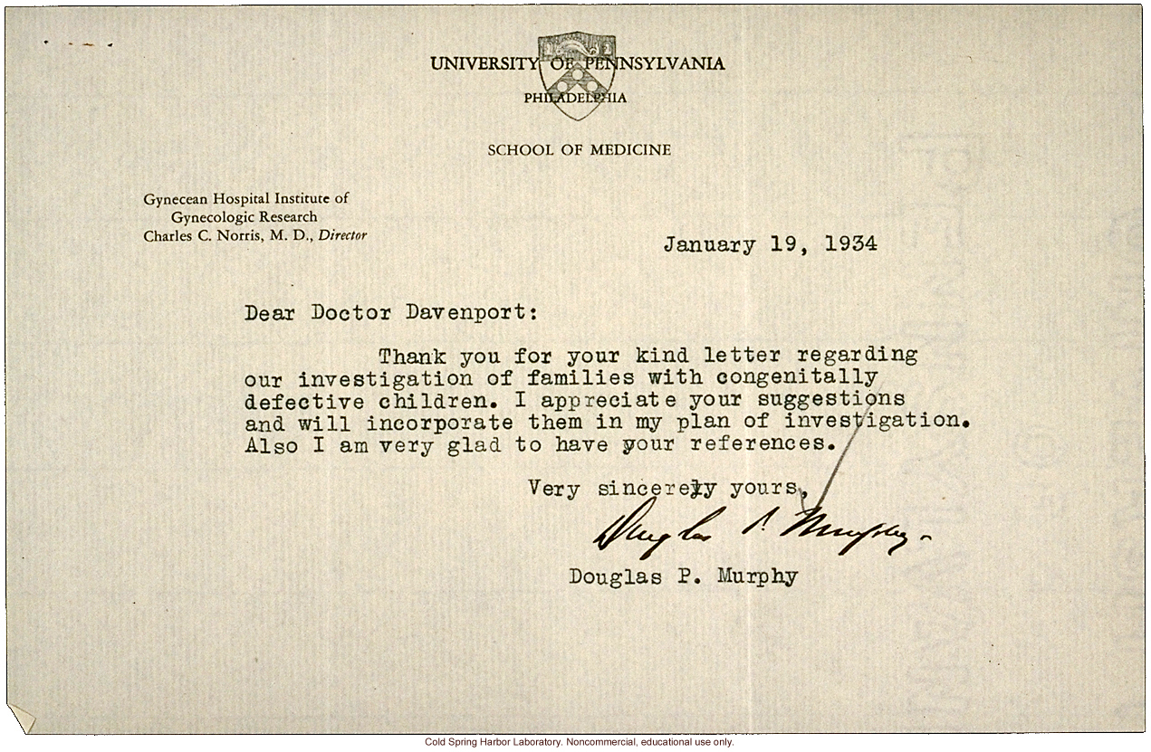 D.P. Murphy letter to C.B. Davenport, about a study of families in which there have been severe congenital defects (1/19/1934)