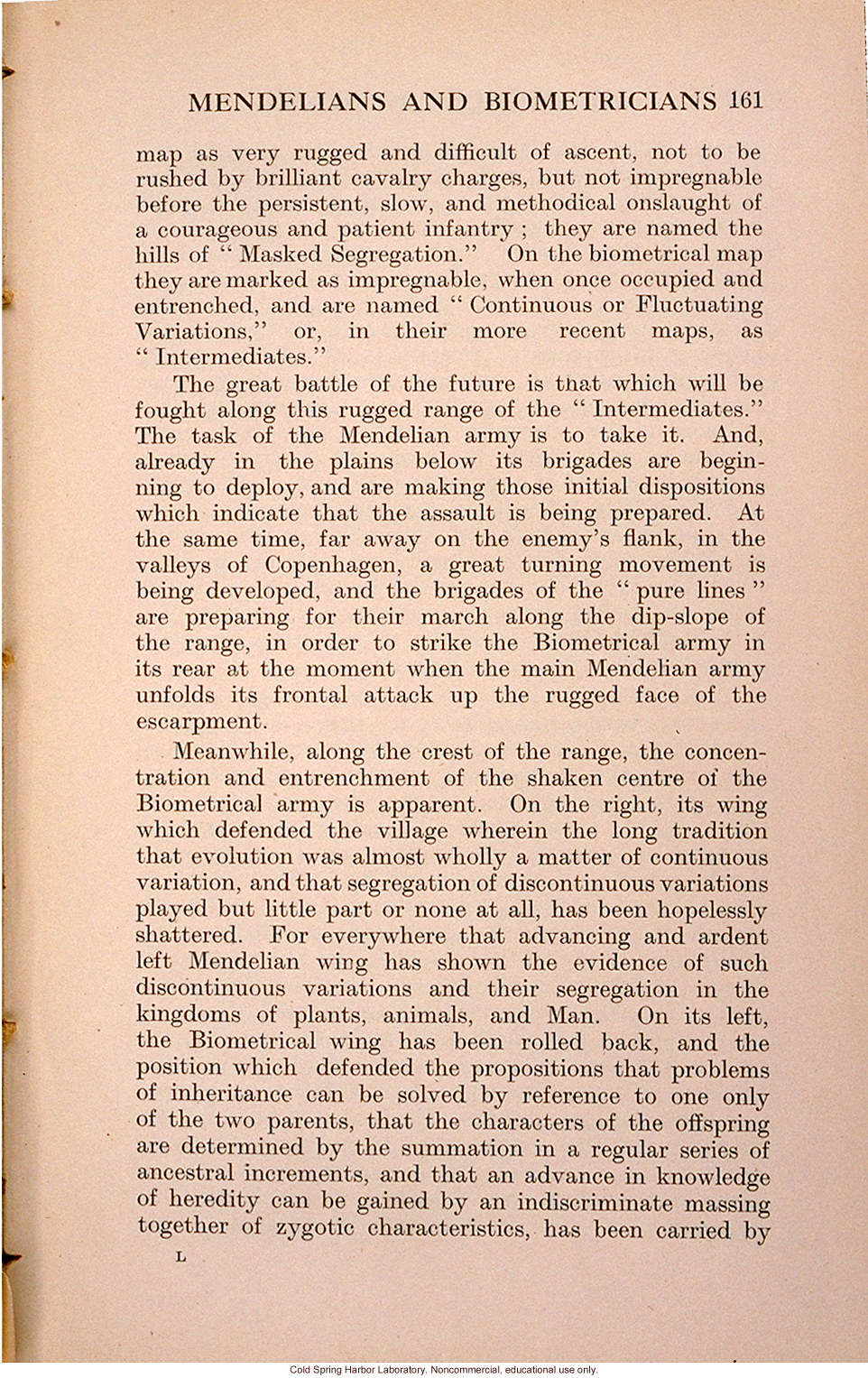 &quote;The Present Position of the Mendelians and Biometricians,&quote; The Mendel Journal, focusing on the &quote;battle&quote; over intermediate forms