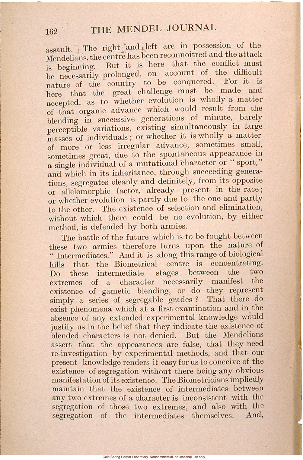 &quote;The Present Position of the Mendelians and Biometricians,&quote; The Mendel Journal, focusing on the &quote;battle&quote; over intermediate forms