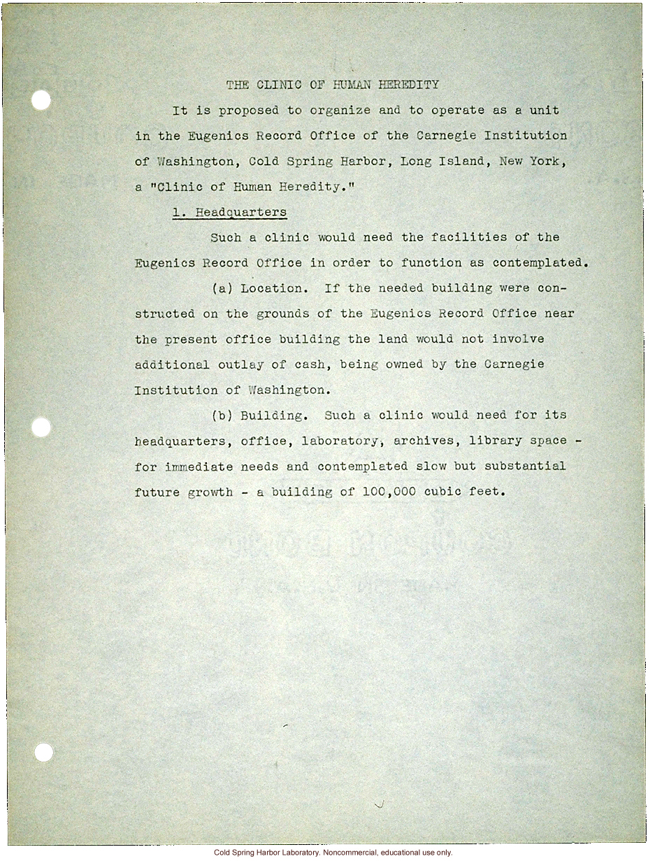 &quote;Proposed Clinic of Human Heredity,&quote; a plan prepared by Harry H. Laughlin as the basis for negotiations with the Carnegie Institution of Washington