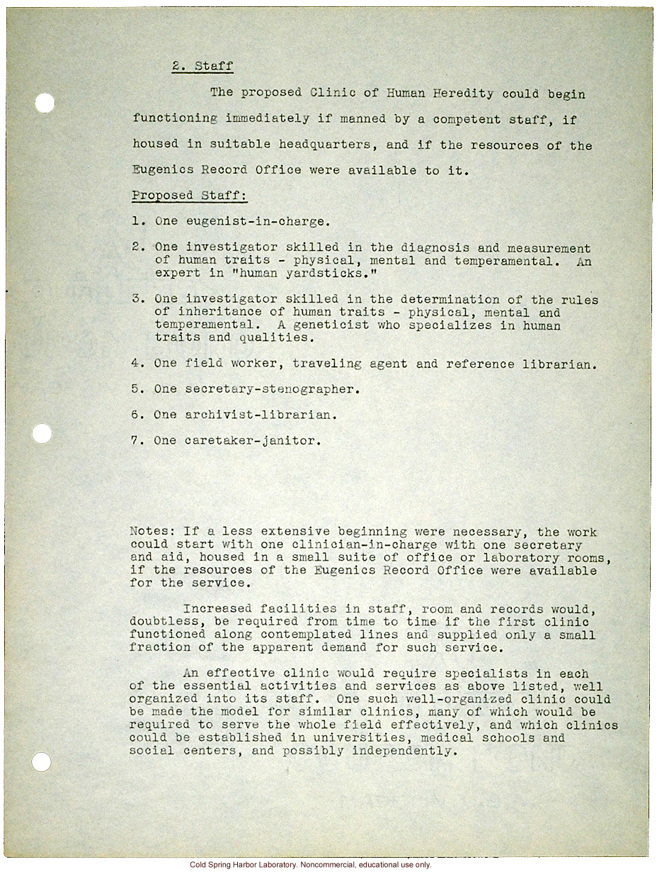 &quote;Proposed Clinic of Human Heredity,&quote; a plan prepared by Harry H. Laughlin as the basis for negotiations with the Carnegie Institution of Washington