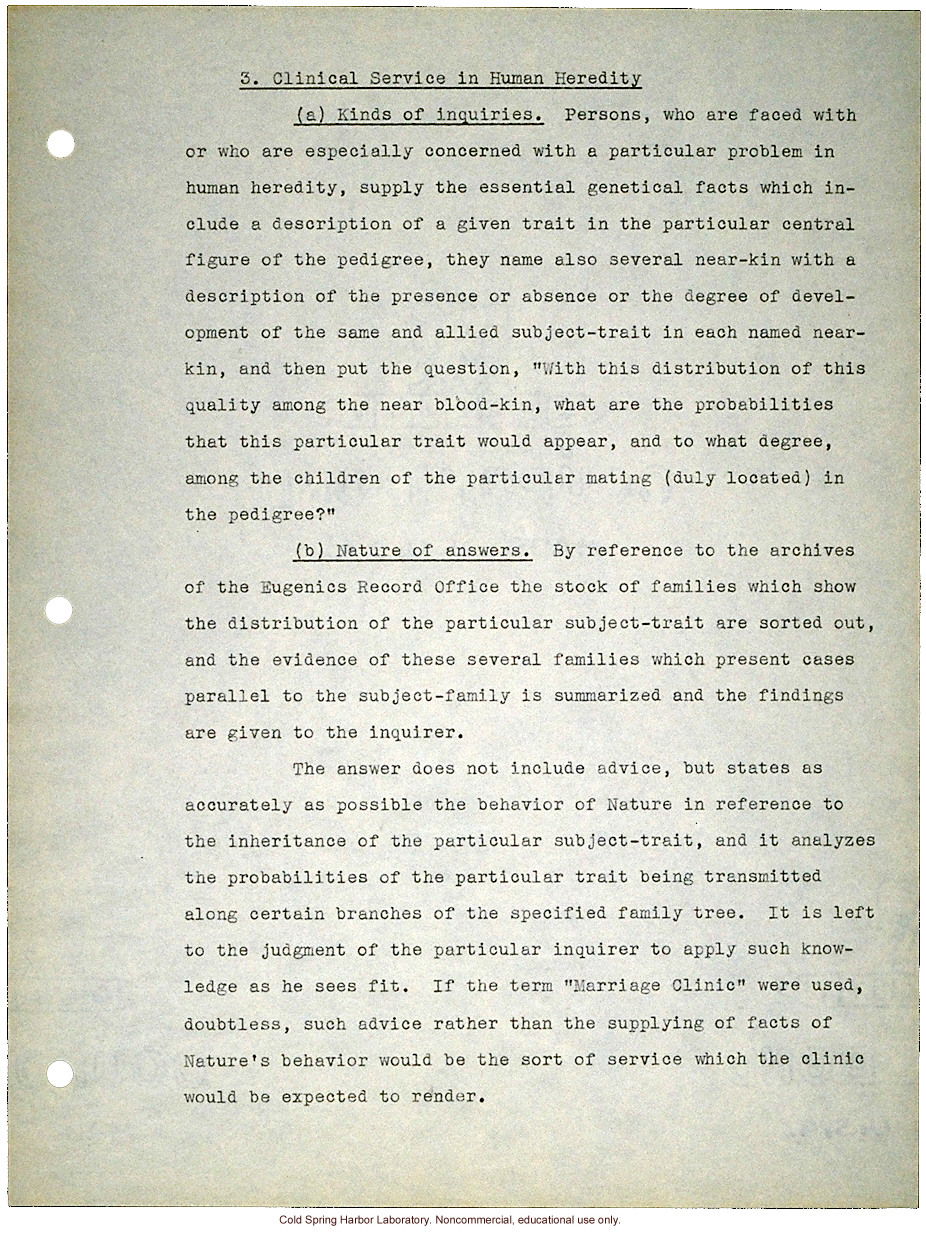 &quote;Proposed Clinic of Human Heredity,&quote; a plan prepared by Harry H. Laughlin as the basis for negotiations with the Carnegie Institution of Washington