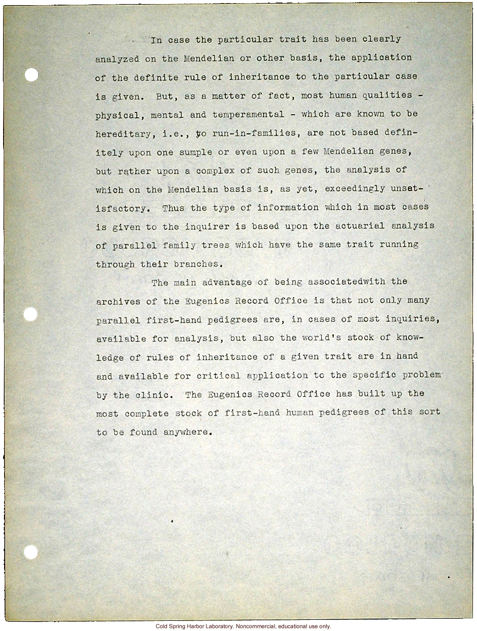 &quote;Proposed Clinic of Human Heredity,&quote; a plan prepared by Harry H. Laughlin as the basis for negotiations with the Carnegie Institution of Washington