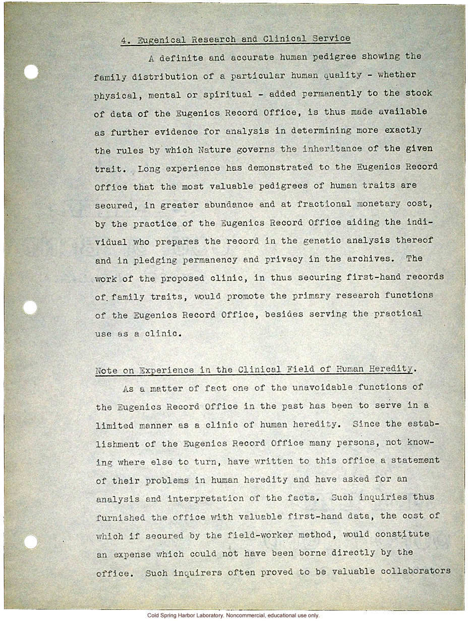 &quote;Proposed Clinic of Human Heredity,&quote; a plan prepared by Harry H. Laughlin as the basis for negotiations with the Carnegie Institution of Washington