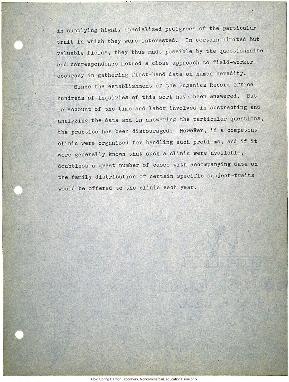 &quote;Proposed Clinic of Human Heredity,&quote; a plan prepared by Harry H. Laughlin as the basis for negotiations with the Carnegie Institution of Washington