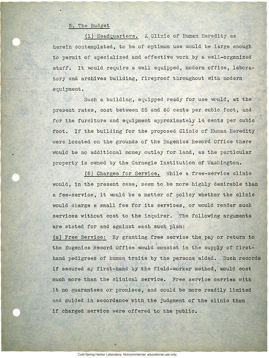 &quote;Proposed Clinic of Human Heredity,&quote; a plan prepared by Harry H. Laughlin as the basis for negotiations with the Carnegie Institution of Washington