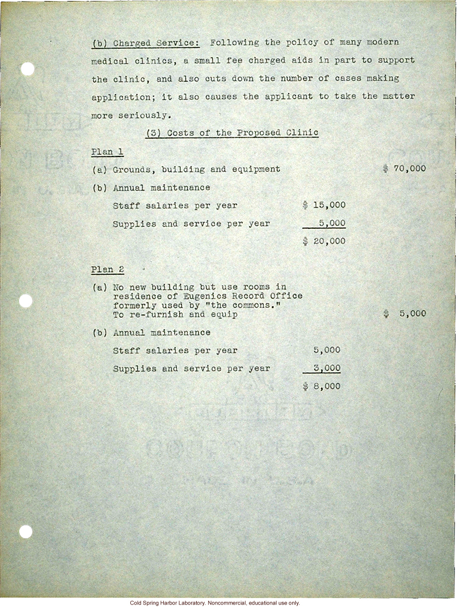 &quote;Proposed Clinic of Human Heredity,&quote; a plan prepared by Harry H. Laughlin as the basis for negotiations with the Carnegie Institution of Washington