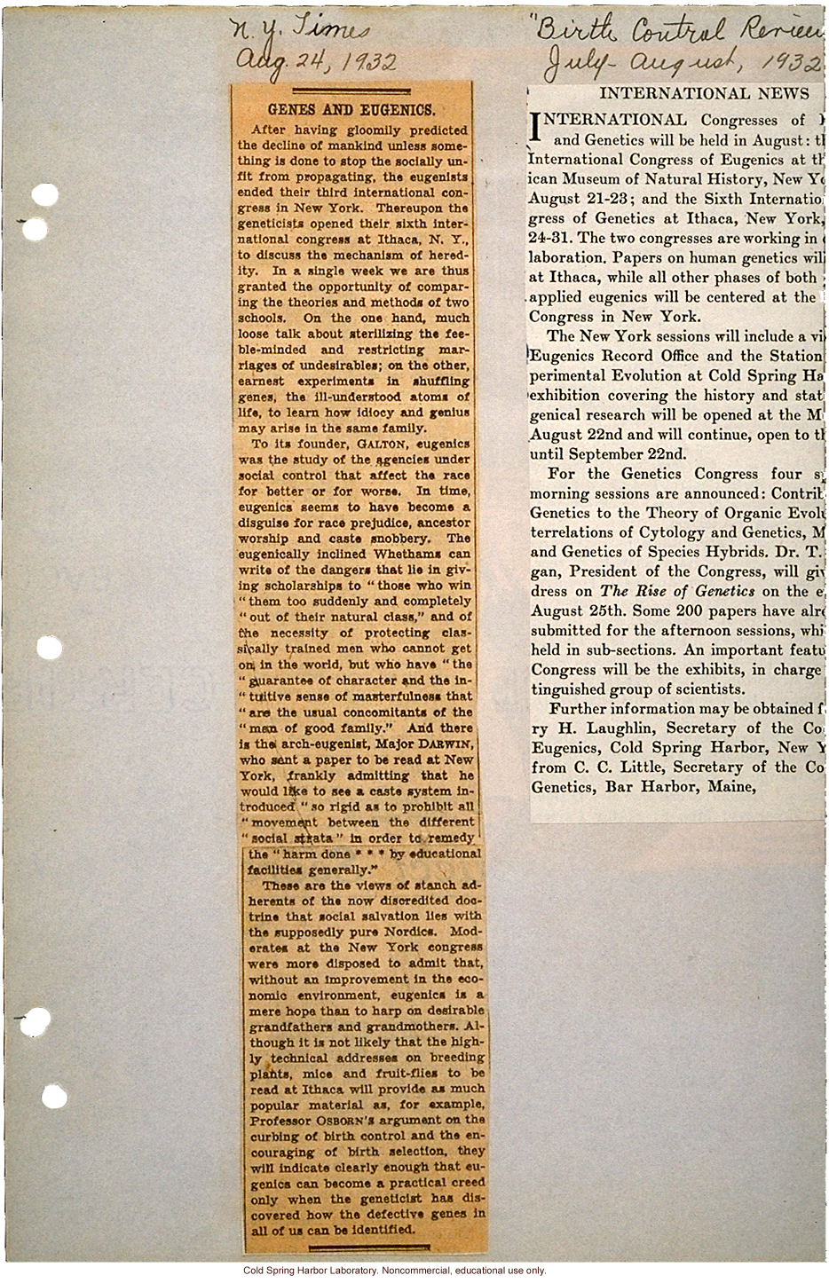 &quote;Genes and Eugenics,&quote; New York Times (8/24/1932), critical review of Third International Eugenics Congress