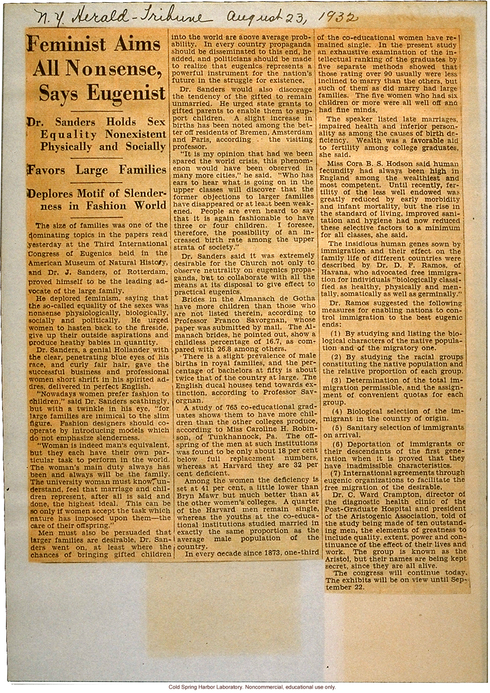 &quote;Feminist Aims All Nonsense, Says Eugenicist,&quote; New York Herald Tribune (8/23/1932), review of Third Eugenics Congress including immigration policy