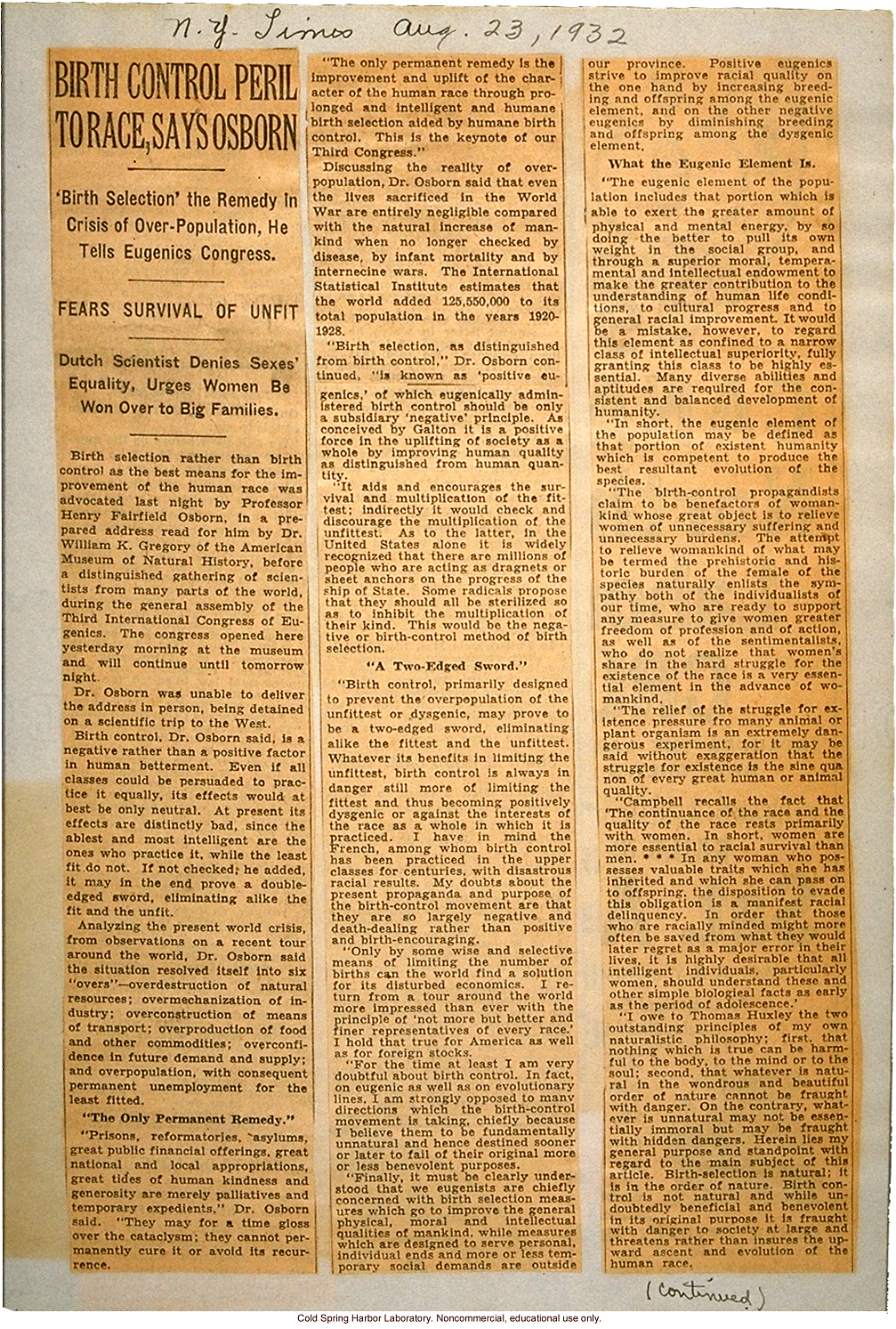 &quote;Birth Control Peril to Race, Says Osborn,&quote; New York Times (8/23/1932), review of H.F. Osborn's paper at Third International Eugenics Congress