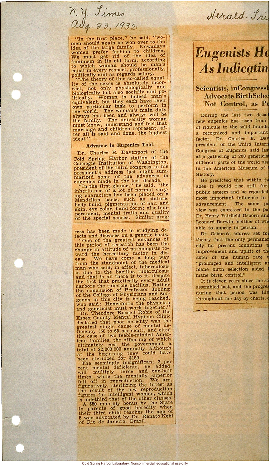 &quote;Birth Control Peril to Race, Says Osborn,&quote; New York Times (8/23/1932), review of H.F. Osborn's paper at Third International Eugenics Congress