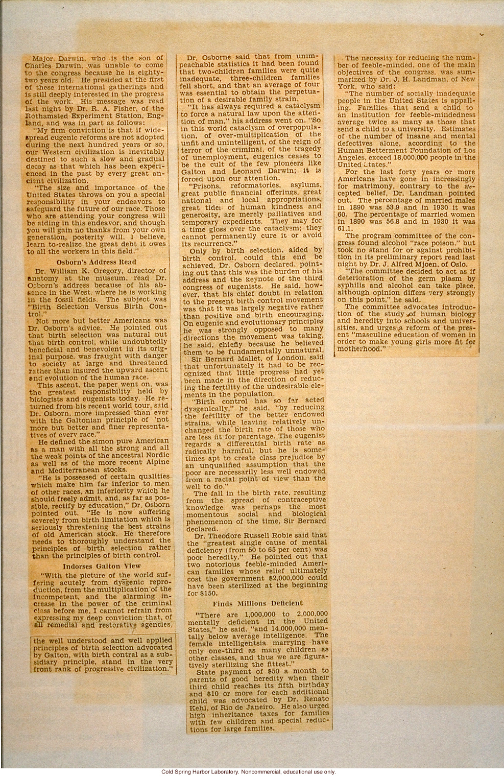 &quote;Eugenicists Hail Their Progress as Indicating Era of Supermen,&quote;  New York Herald Tribune (1932), review of Third International Eugenics Congress