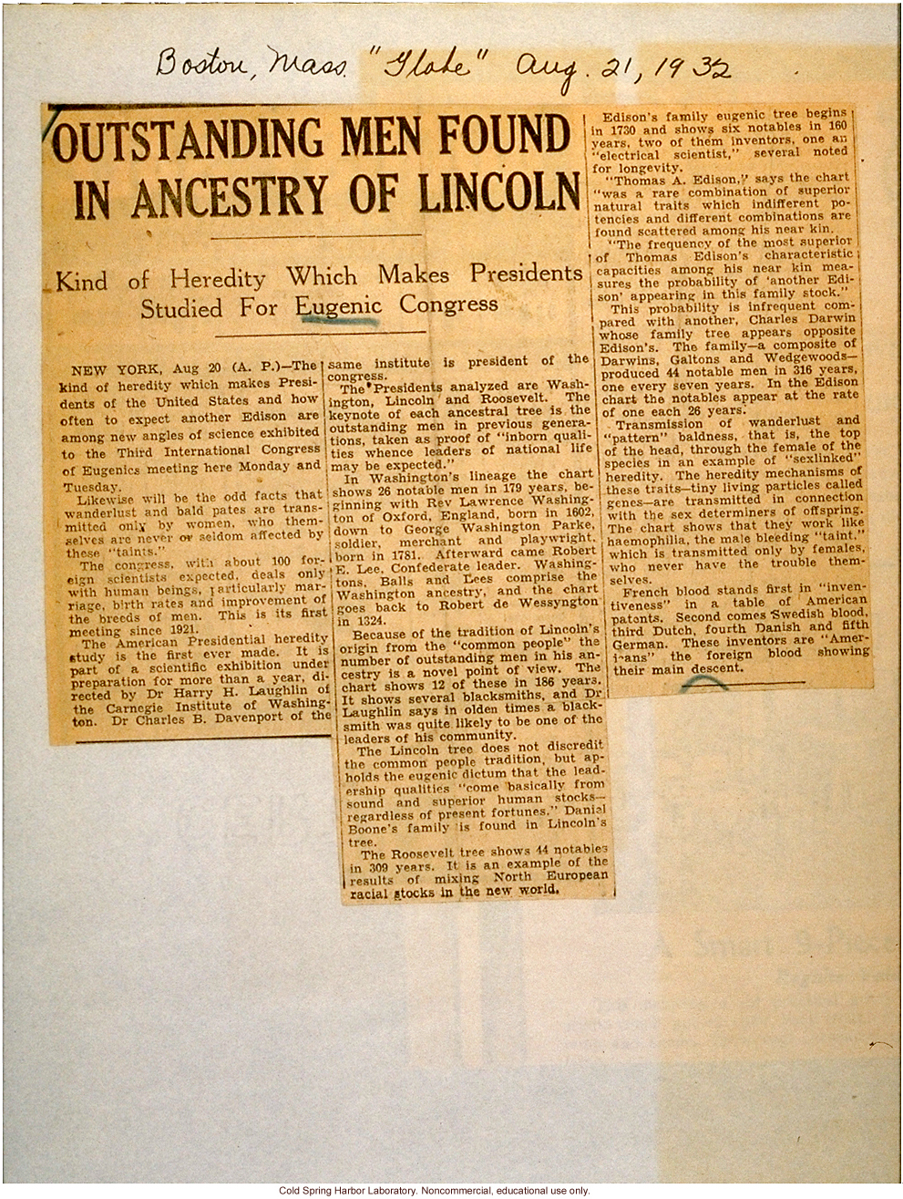 &quote;Outstanding Men Found in Ancestry of Lincoln,&quote; Boston Globe (8/21/1932), review of exhibits at Third International Eugenics Congress