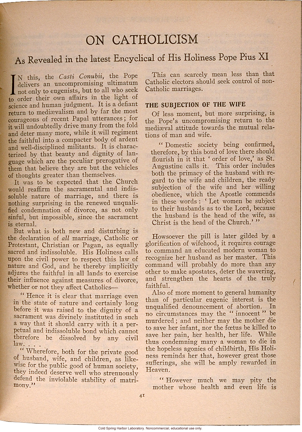 &quote;On Catholicism, As Revealed in the latest Encyclical of His Holiness Pope Pius XI,&quote; Eugenics Review (vol 23:1), papal decree condemning eugenics