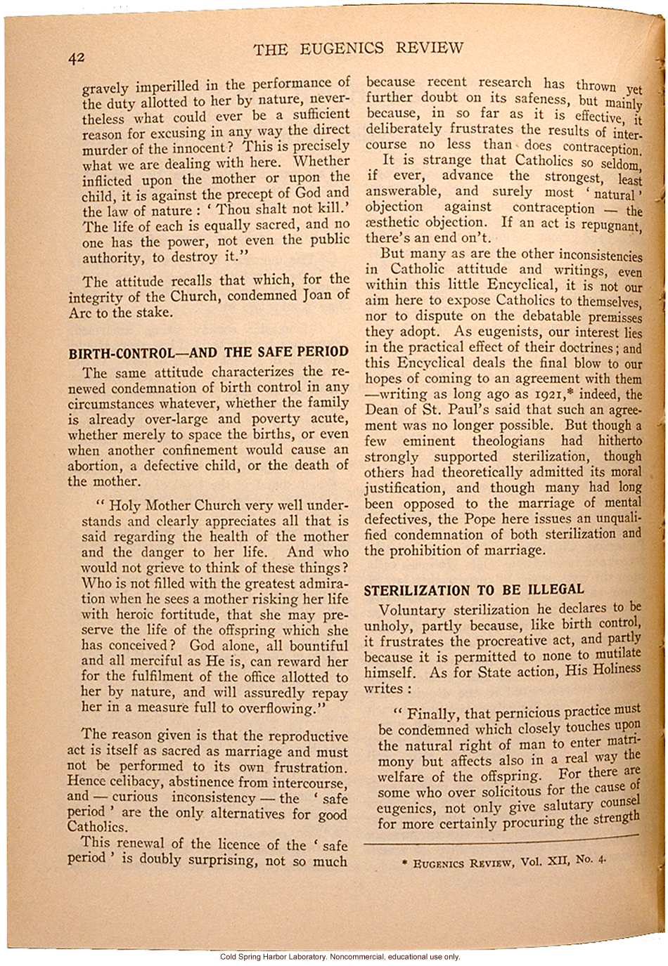 &quote;On Catholicism, As Revealed in the latest Encyclical of His Holiness Pope Pius XI,&quote; Eugenics Review (vol 23:1), papal decree condemning eugenics