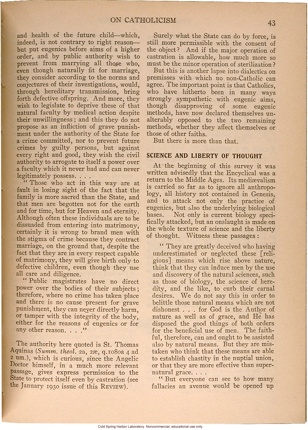 &quote;On Catholicism, As Revealed in the latest Encyclical of His Holiness Pope Pius XI,&quote; Eugenics Review (vol 23:1), papal decree condemning eugenics