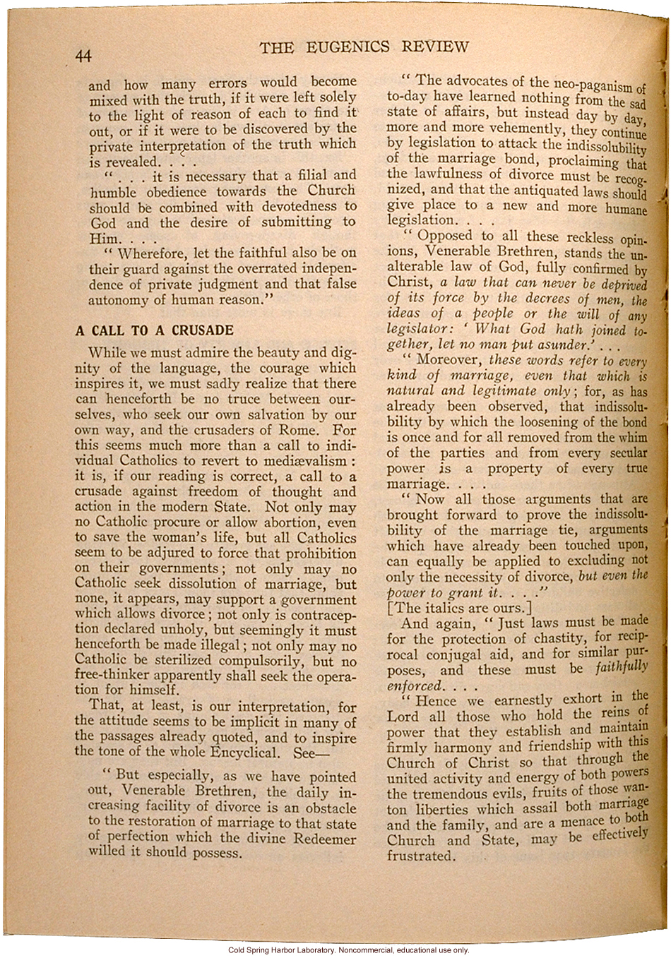 &quote;On Catholicism, As Revealed in the latest Encyclical of His Holiness Pope Pius XI,&quote; Eugenics Review (vol 23:1), papal decree condemning eugenics