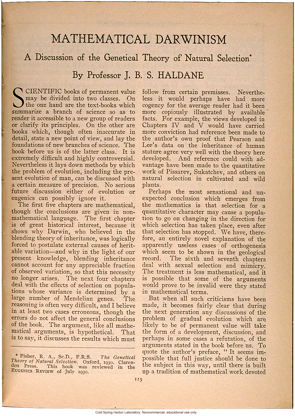 &quote;Mathematical Darwinism, A Discussion of the Genetical Theory of Natural Selection,&quote; by J.B.S. Haldane, Eugenics Review (vol 23:1)