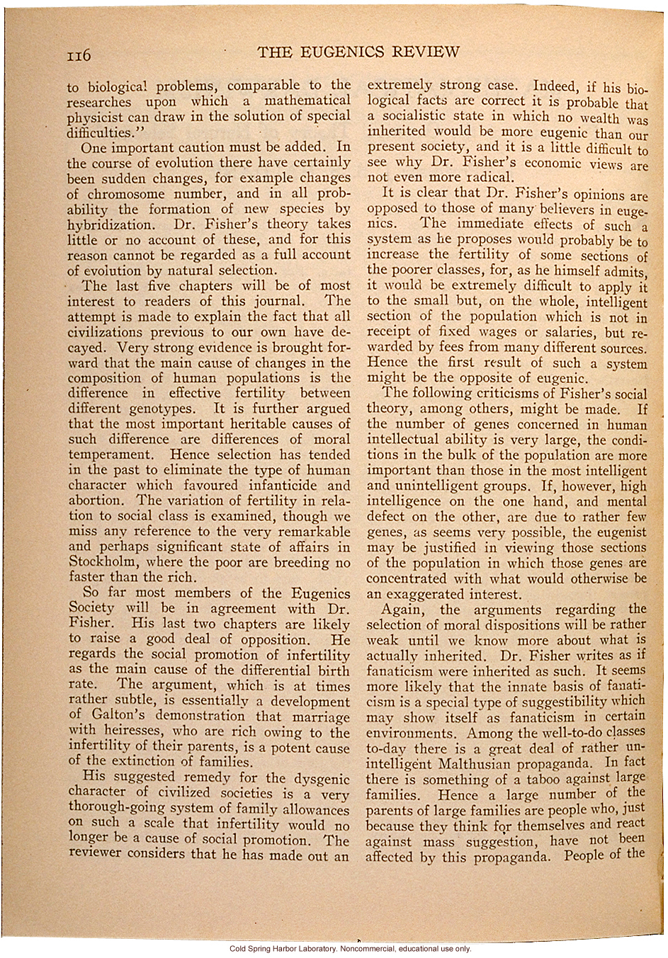 &quote;Mathematical Darwinism, A Discussion of the Genetical Theory of Natural Selection,&quote; by J.B.S. Haldane, Eugenics Review (vol 23:1)