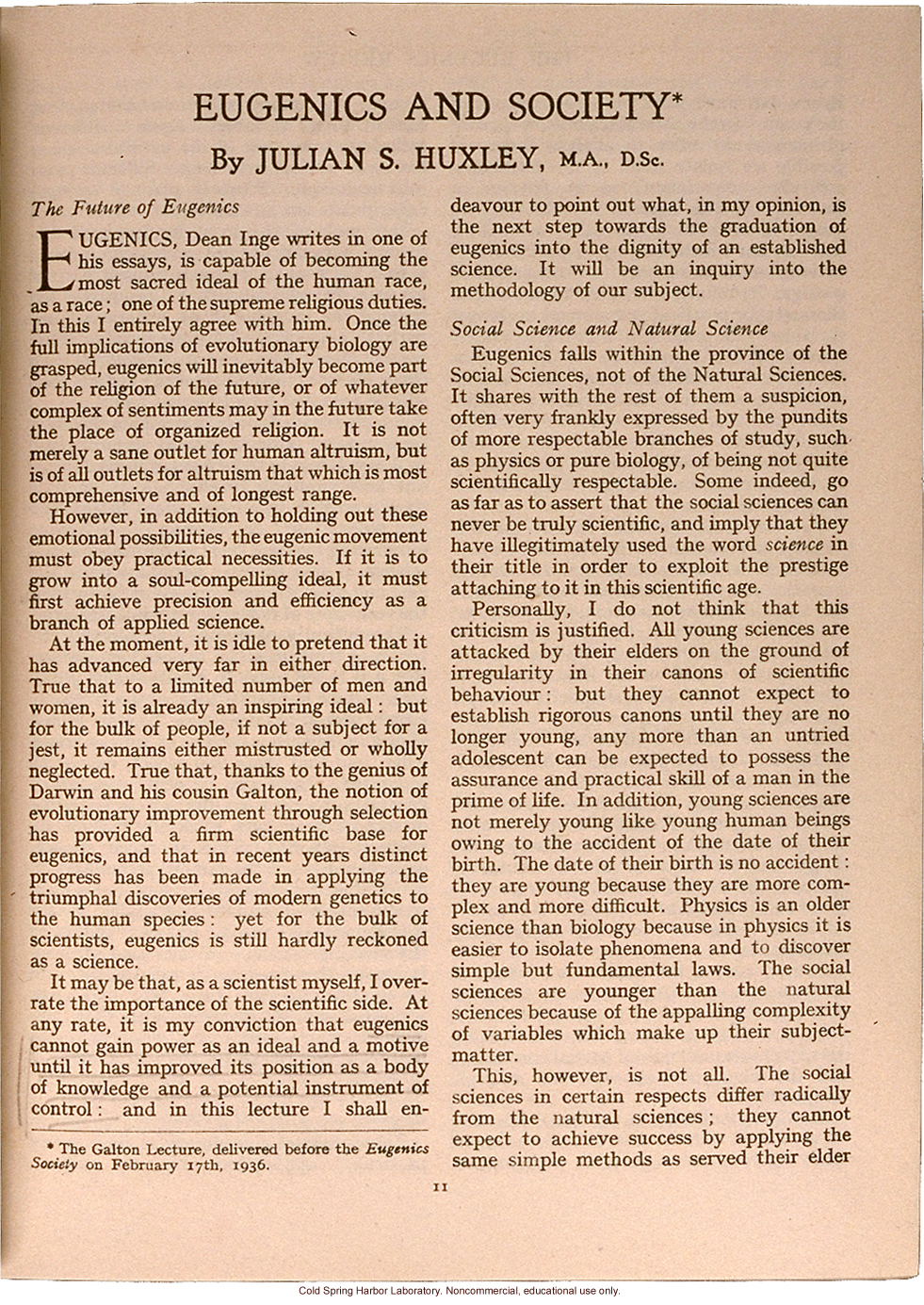 &quote;Eugenics and Society&quote; (The Galton Lecture given to the Eugenics Society), by Julian S. Huxley, Eugenics Review (vol 28:1)