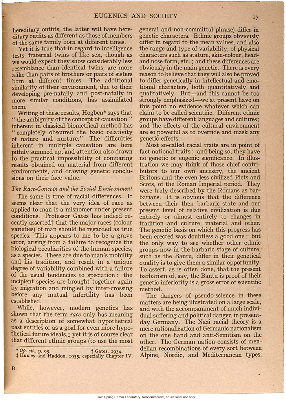 &quote;Eugenics and Society&quote; (The Galton Lecture given to the Eugenics Society), by Julian S. Huxley, Eugenics Review (vol 28:1)