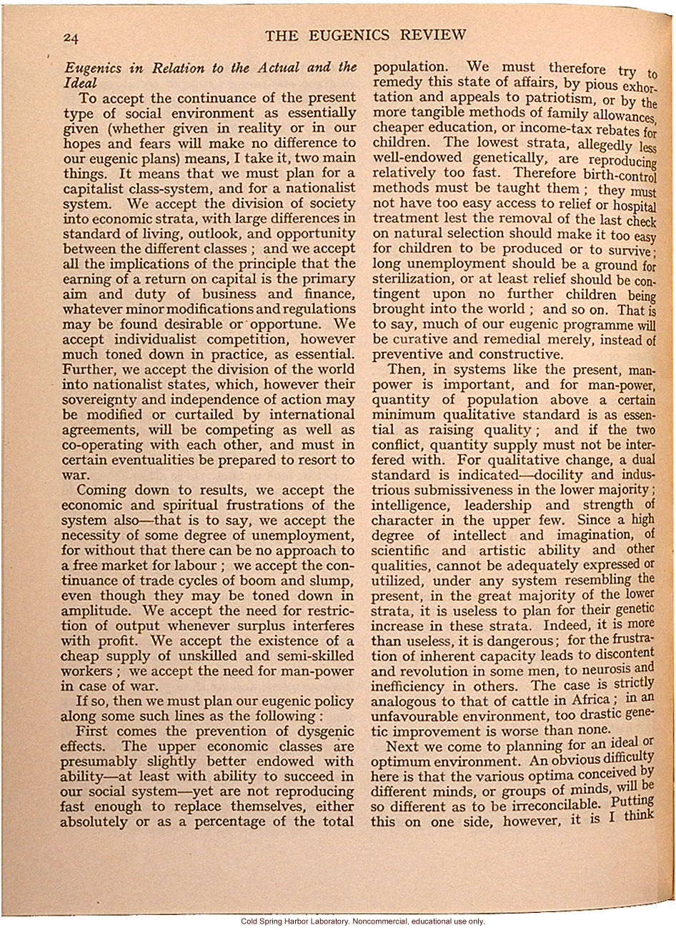 &quote;Eugenics and Society&quote; (The Galton Lecture given to the Eugenics Society), by Julian S. Huxley, Eugenics Review (vol 28:1)