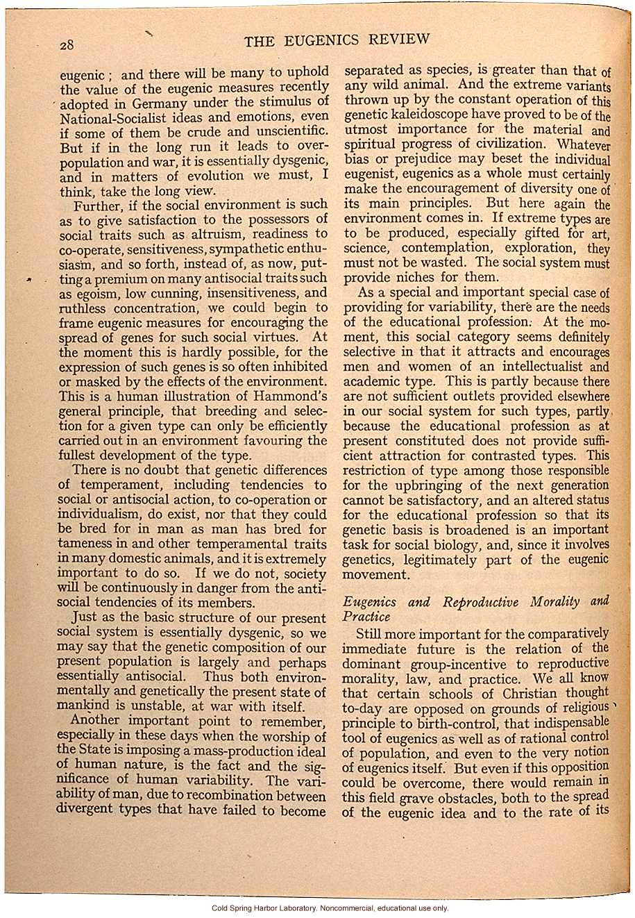 &quote;Eugenics and Society&quote; (The Galton Lecture given to the Eugenics Society), by Julian S. Huxley, Eugenics Review (vol 28:1)