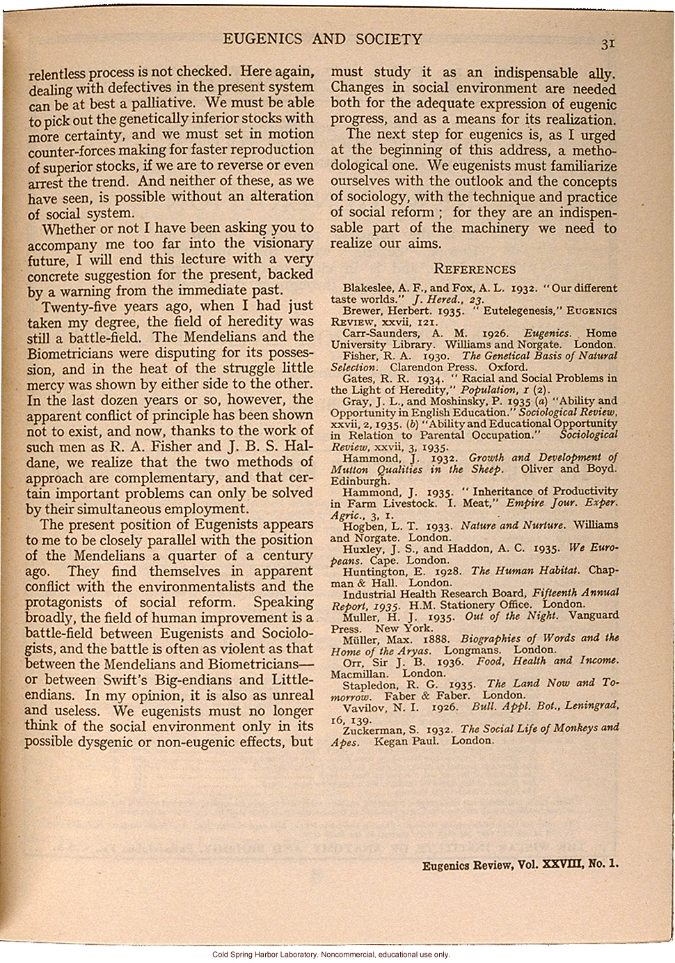 &quote;Eugenics and Society&quote; (The Galton Lecture given to the Eugenics Society), by Julian S. Huxley, Eugenics Review (vol 28:1)