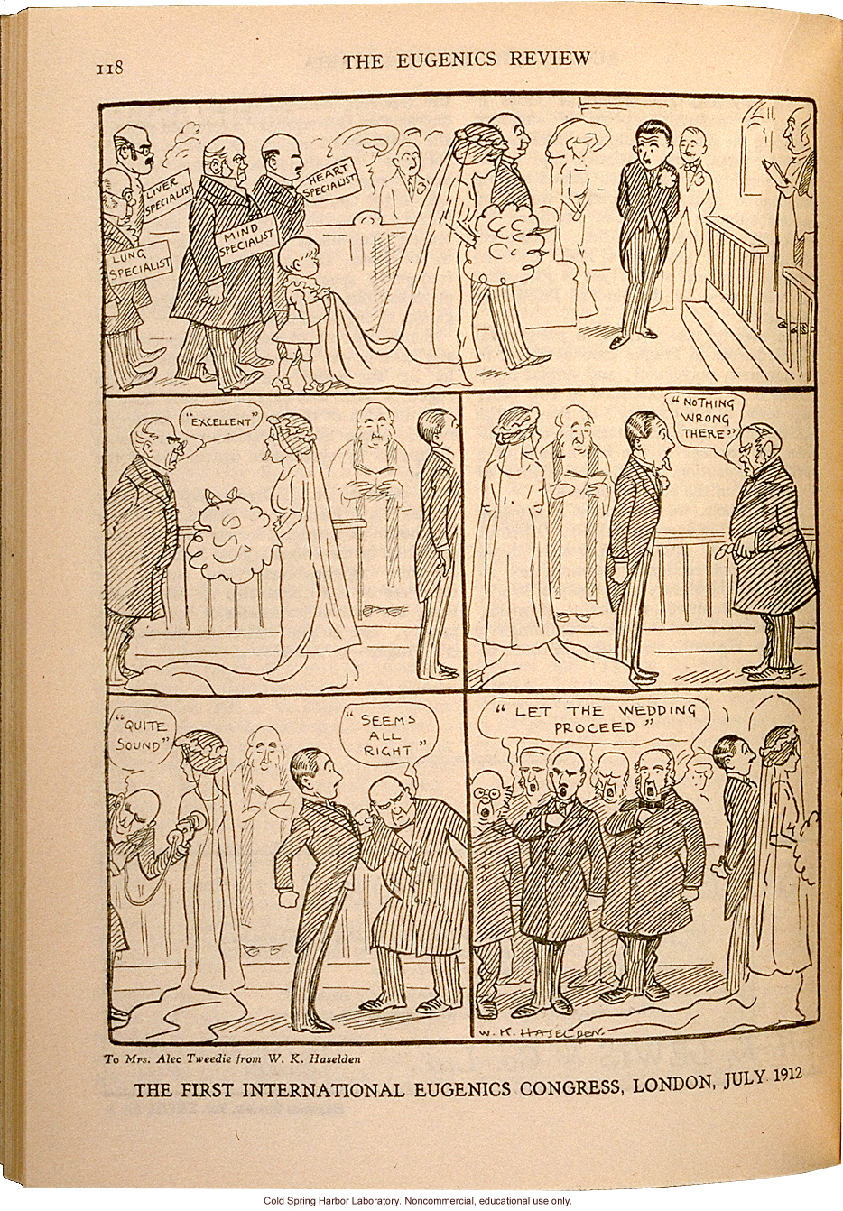 Comic, &quote;The First International Eugenics Congress, London, July 1912&quote;, Eugenics Review (vol 28:1)