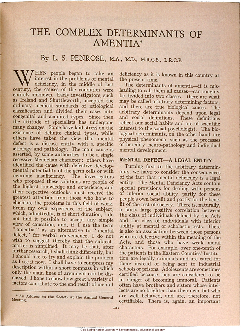 &quote;The Complex Determinants of Amentia,&quote; by L.S. Penrose, Eugenics Review (vol. 26:2)
