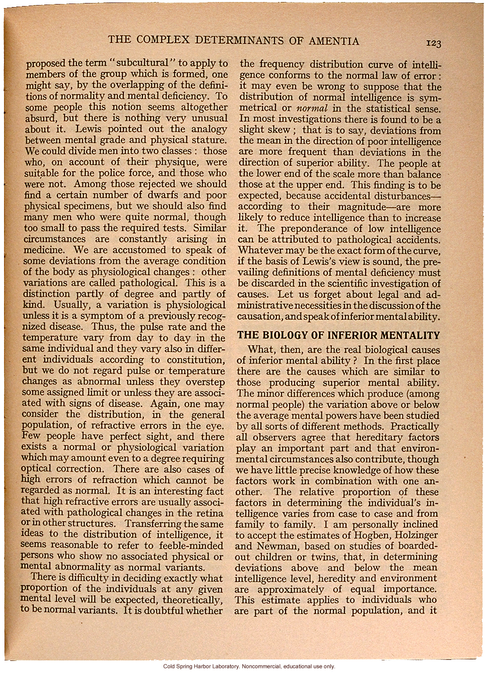 &quote;The Complex Determinants of Amentia,&quote; by L.S. Penrose, Eugenics Review (vol. 26:2)