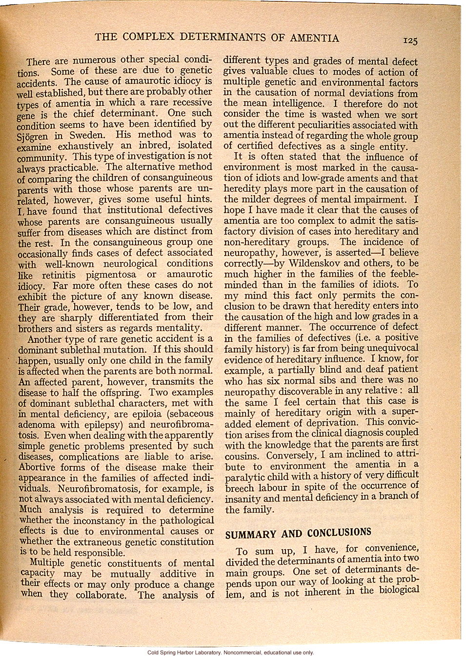 &quote;The Complex Determinants of Amentia,&quote; by L.S. Penrose, Eugenics Review (vol. 26:2)