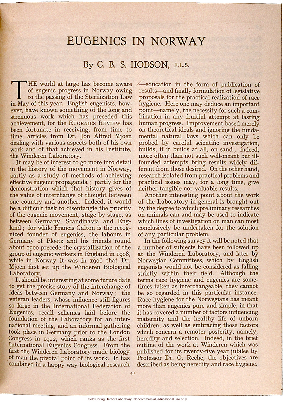 &quote;Eugenics in Norway,&quote; by C.B.S. Hodson, Eugenics Review (vol. 27:1)