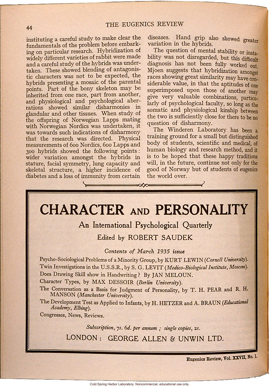 &quote;Eugenics in Norway,&quote; by C.B.S. Hodson, Eugenics Review (vol. 27:1)