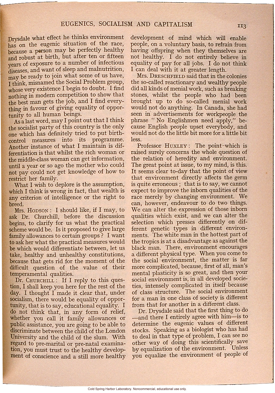 &quote;Eugenics, Socialism, and Capitalism,&quote; Eugenics Review (vol. 27), Julian Huxley's comments on heredity and environment