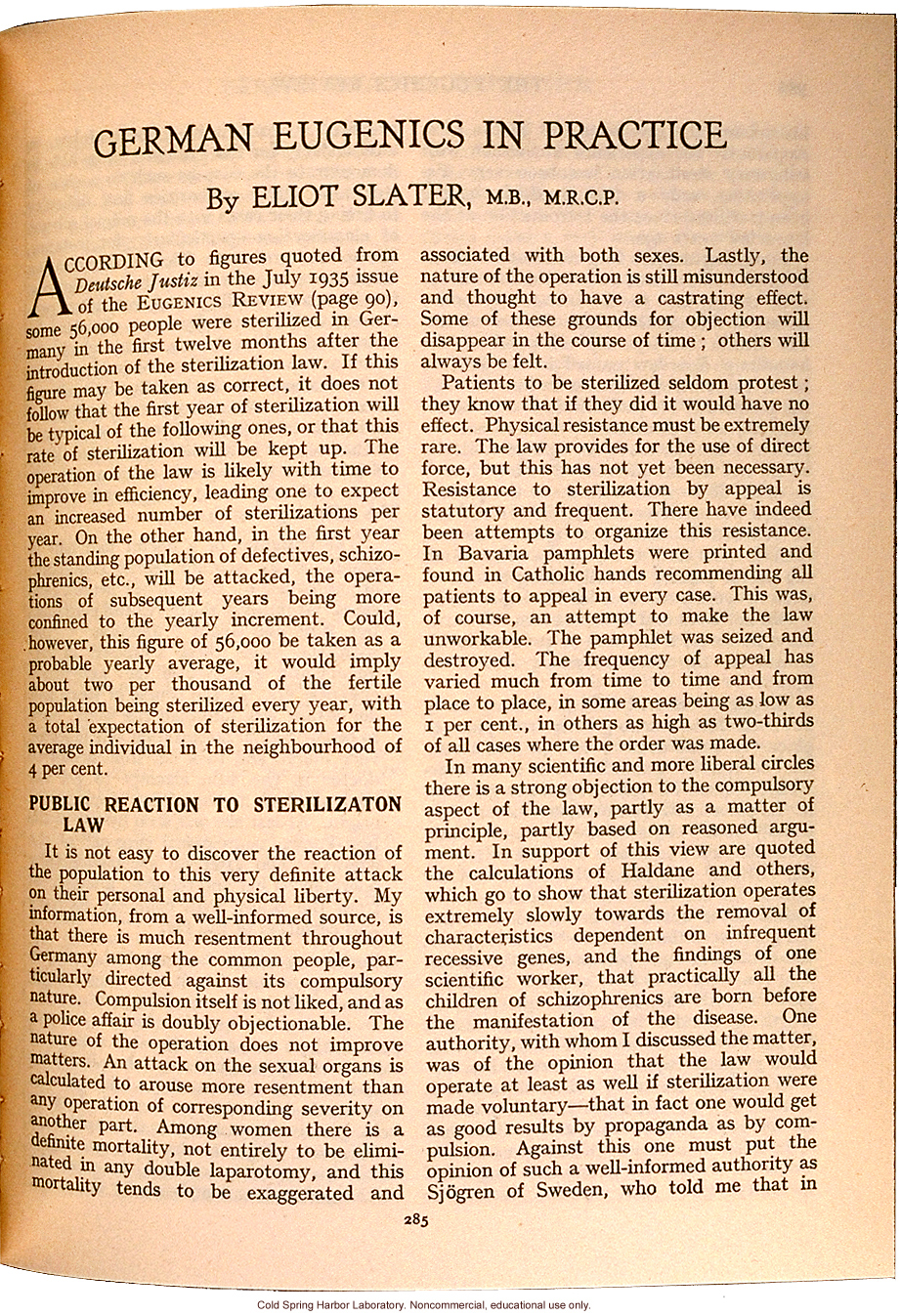 &quote;German Eugenics in Practice,&quote; by Eliot Slater, Eugenics Review (vol. 27:4), ambivalent review of sterilization and marriage laws