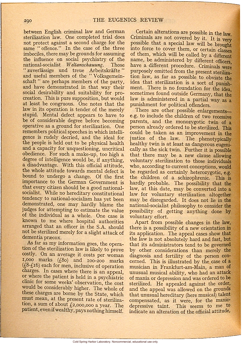 &quote;German Eugenics in Practice,&quote; by Eliot Slater, Eugenics Review (vol. 27:4), ambivalent review of sterilization and marriage laws