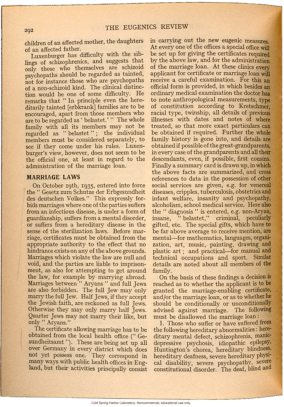 &quote;German Eugenics in Practice,&quote; by Eliot Slater, Eugenics Review (vol. 27:4), ambivalent review of sterilization and marriage laws