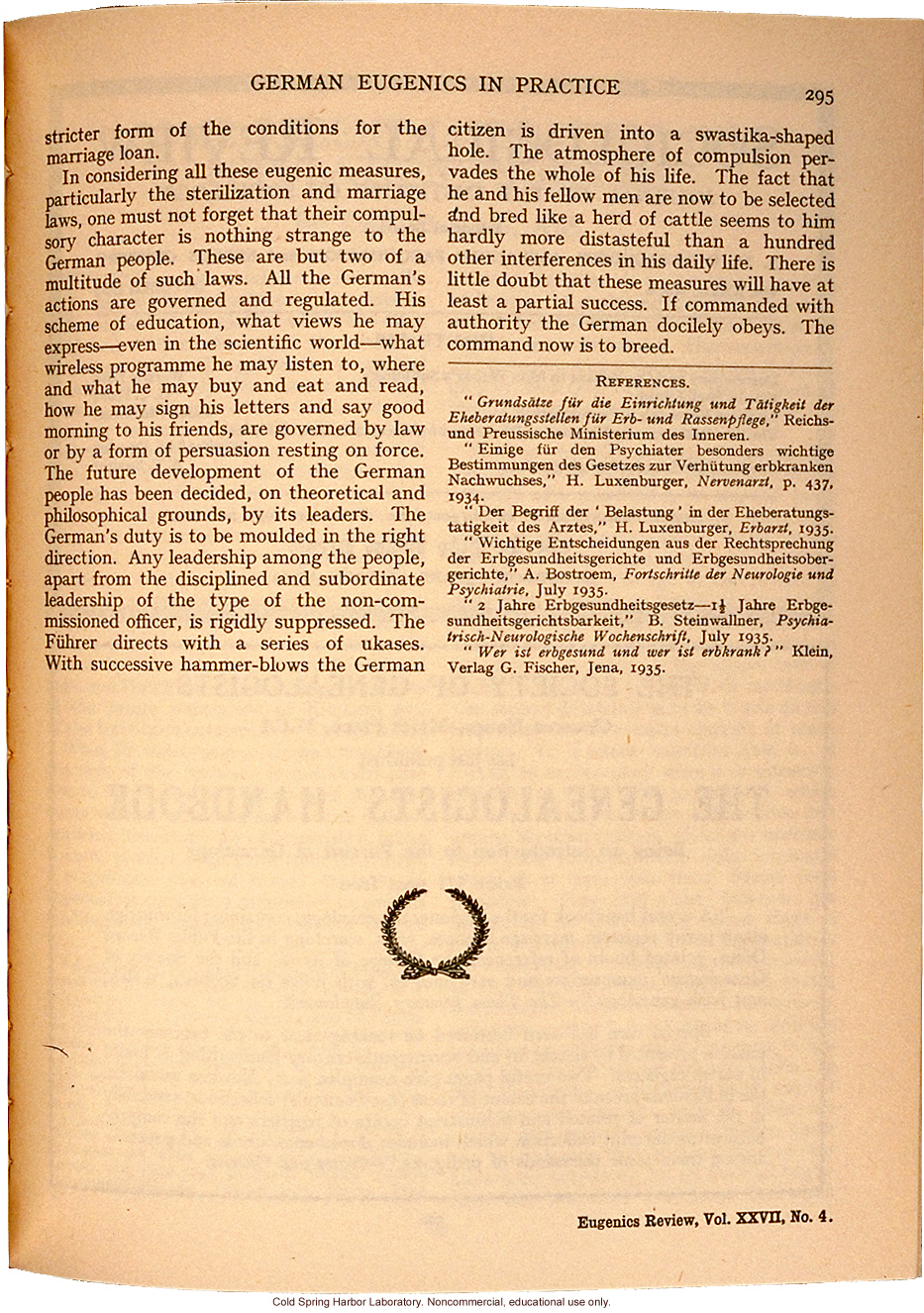 &quote;German Eugenics in Practice,&quote; by Eliot Slater, Eugenics Review (vol. 27:4), ambivalent review of sterilization and marriage laws