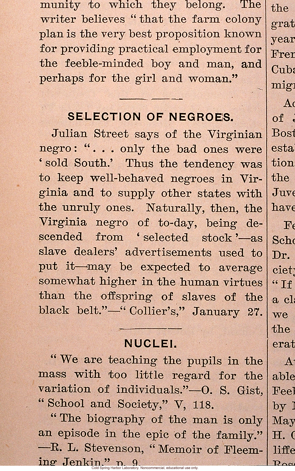 &quote;Selection of Negroes,&quote; Eugenical News (vol. 2), eugenic effect of slave trading in the South