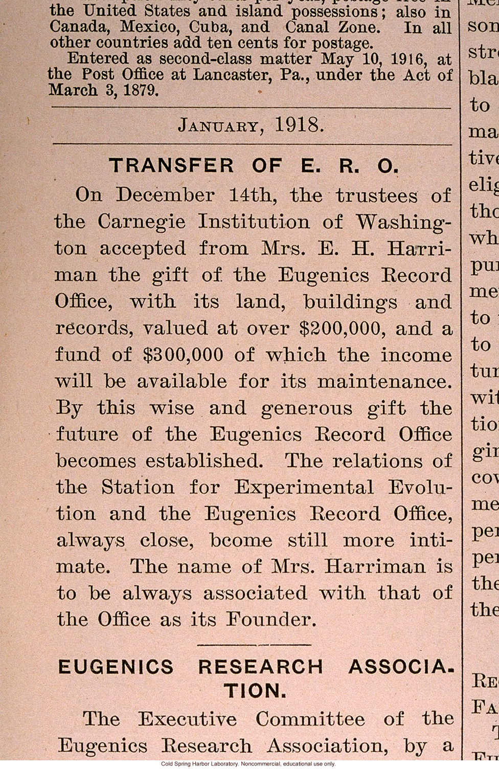 &quote;Transfer of ERO,&quote; Eugenical News (vol. 3), Carnegie Institution accepts gift of Eugenics Record Office from Mrs. E.H. Harriman