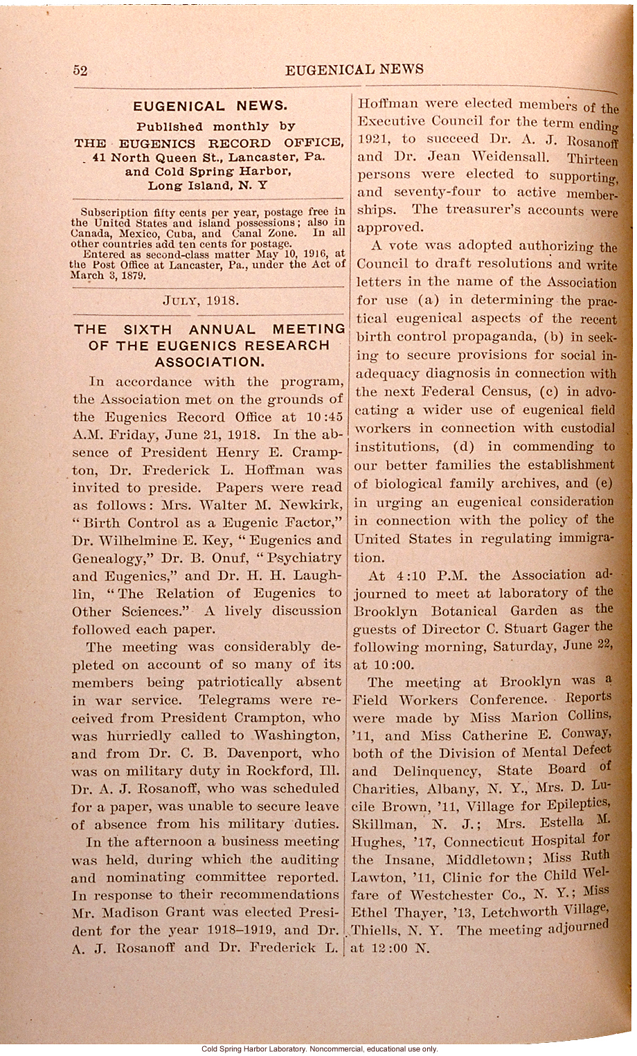 &quote;The Sixth Annual Meeting of the Eugenics Research Association,&quote; July 21, 1918, Eugenical News (vol. 3)