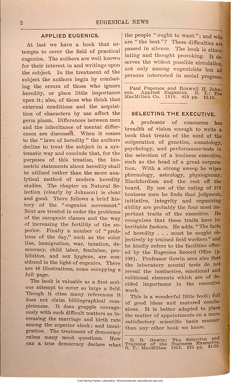 Review of Applied Eugenics, By Paul Popenoe and Roswell H. Johnson, Eugenical News (vol. 4)