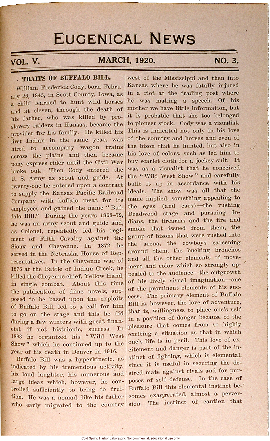 &quote;Traits of Buffalo Bill,&quote; Eugenical News (vol. 5:3)